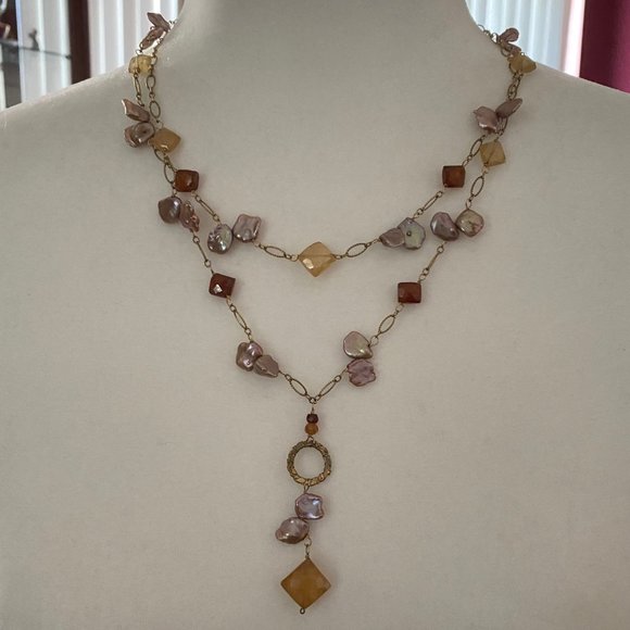 Light Brown Pearlescent Y Necklace & Earrings Set - Picture 3 of 4